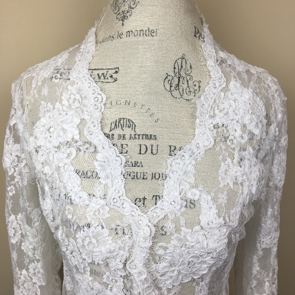 White Lace Wedding Jacket Cover 10 with Pearls - Picture 2 of 8